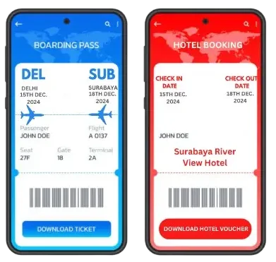 Sample boarding pass and hotel booking voucher for the Surabaya trip